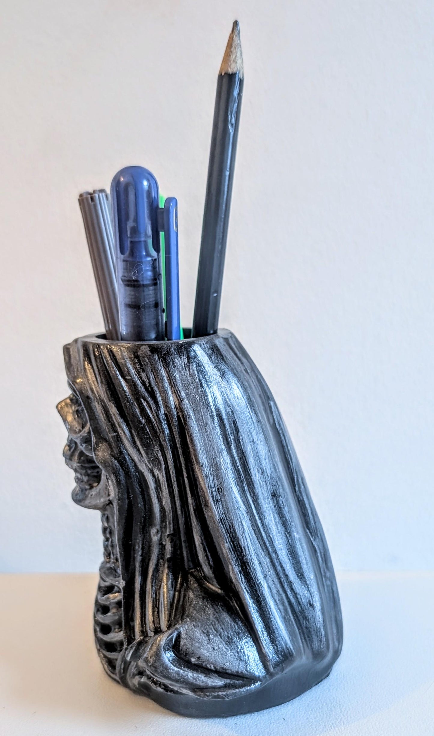 Handcast Grim Reaper Pen Holder: Gothic Skeleton Desk Organizer