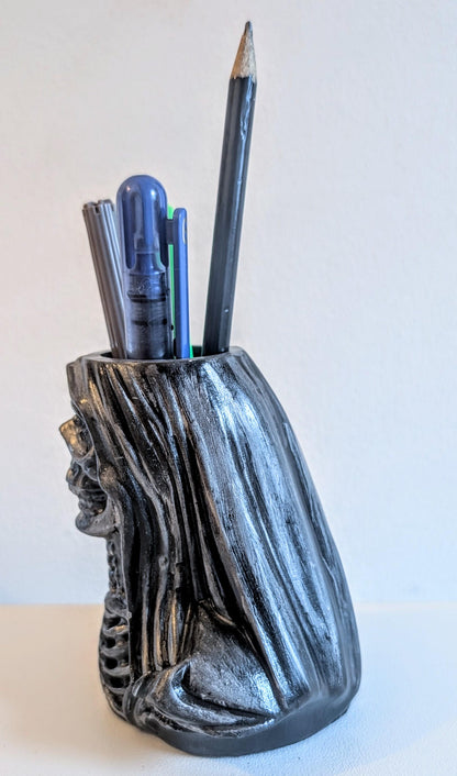 Handcast Grim Reaper Pen Holder: Gothic Skeleton Desk Organizer
