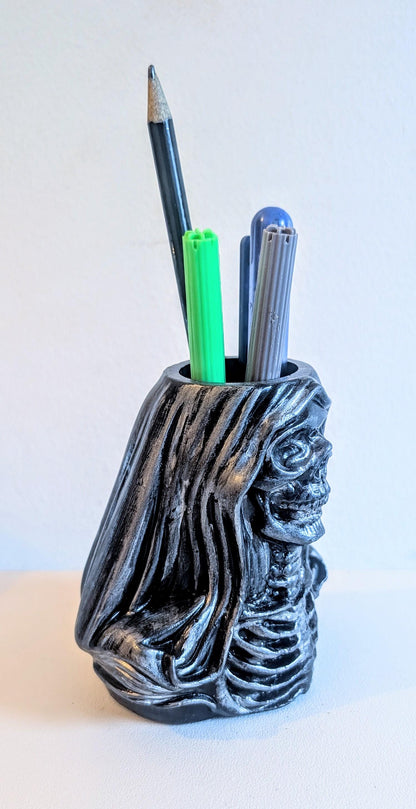 Handcast Grim Reaper Pen Holder: Gothic Skeleton Desk Organizer