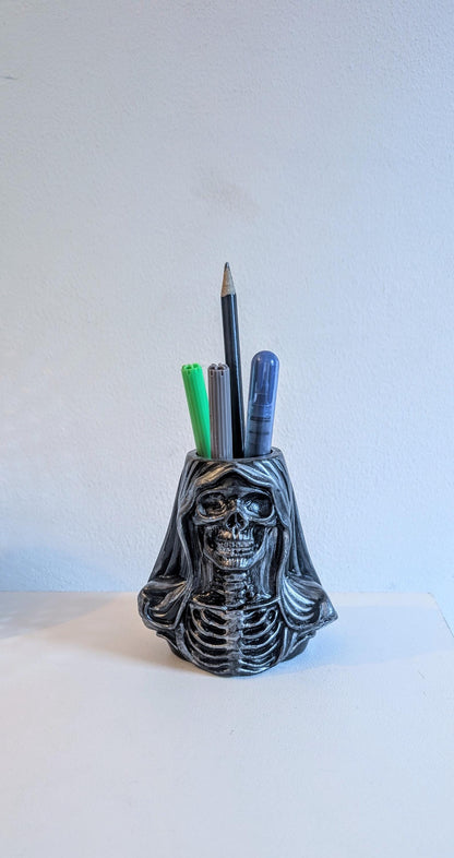Handcast Grim Reaper Pen Holder: Gothic Skeleton Desk Organizer