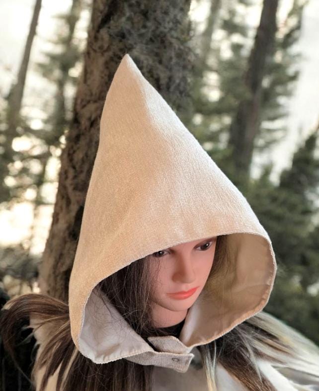 Cream Chenille Hood Satin Lining Goth Larp ReEnactment Whimsical Fairy Adult Winter HT55