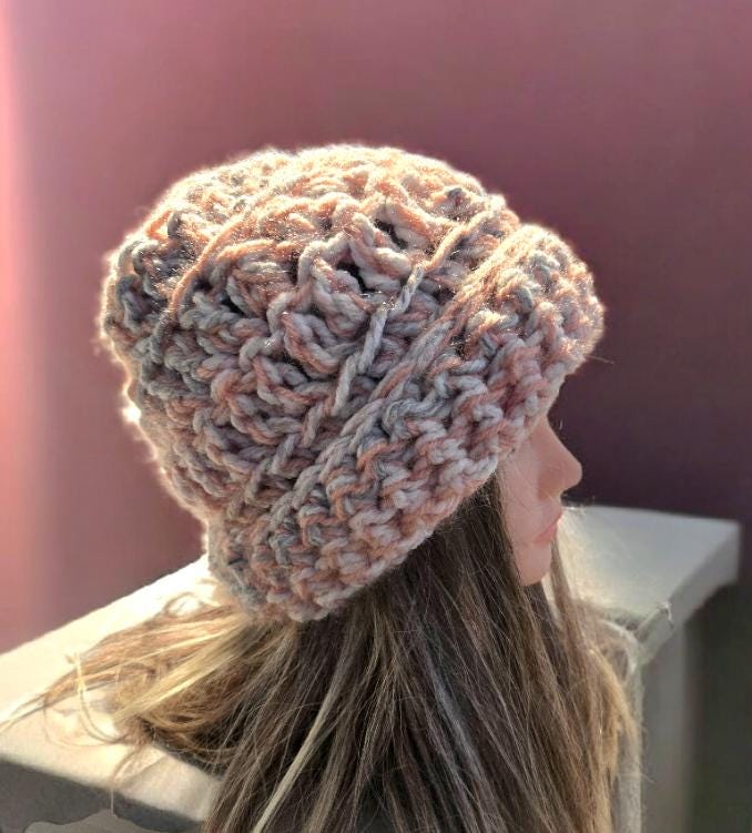 Handmade Crochet Chunky Beanie Hat OOAK Pink Grey White Adult Emo Goth Fairy Forage HT56