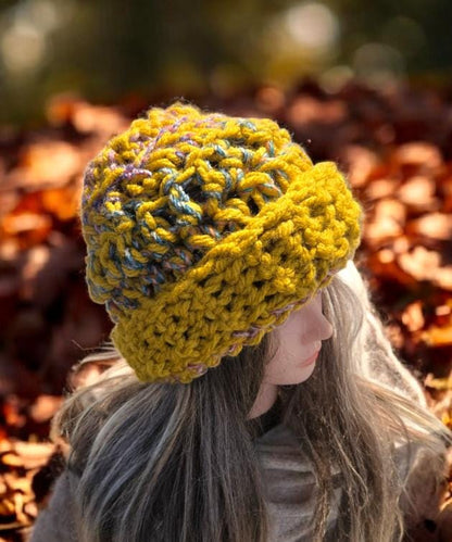Handmade Crochet Chunky Beanie Hat OOAK Mustard Yellow Fleck Adult Emo Goth Fairy Forage HT57