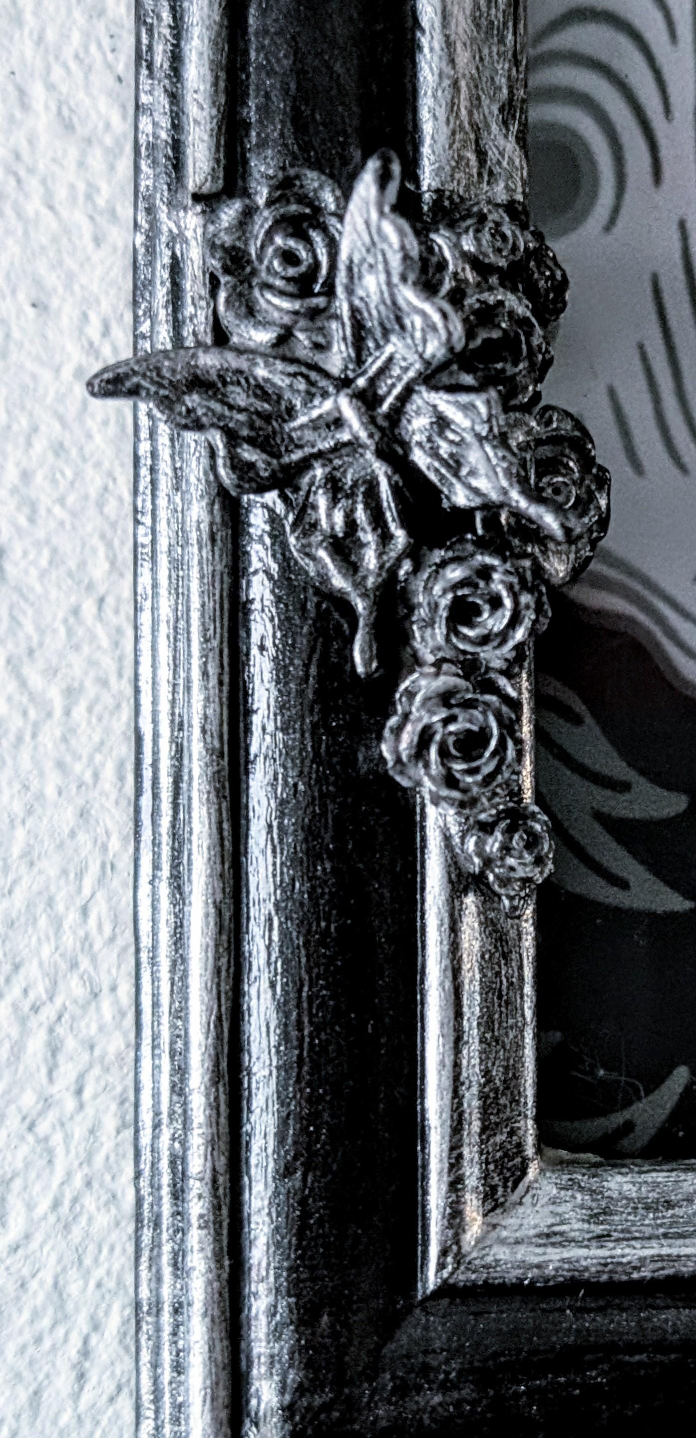 12 x 10" Black + Silver gothic portrait wall hanging photo picture frame Art Certificate display. Skulls, flowers, roses & butterflies. gift