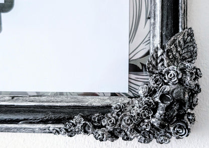 12 x 10" Black + Silver gothic portrait wall hanging photo picture frame Art Certificate display. Skulls, flowers, roses & butterflies. gift