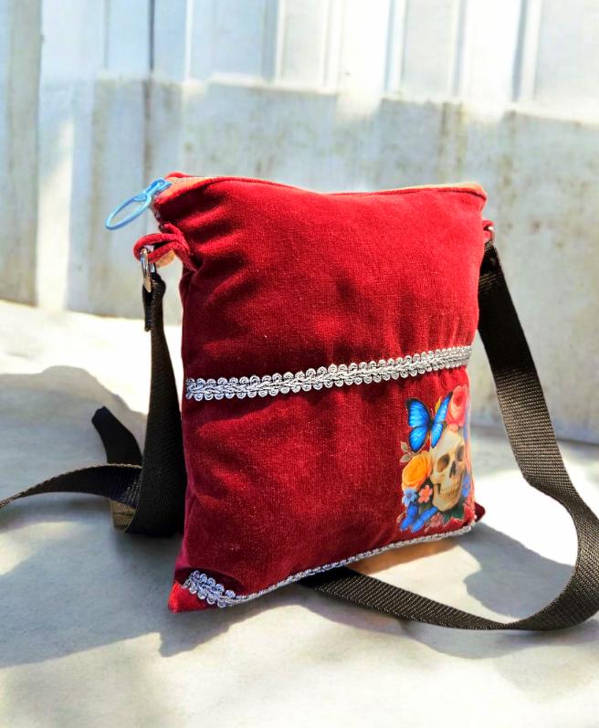 Burgundy Red Velvet Small Shoulder Bag With Pink Candy Skull Fully Lined Zip Up Holiday Funky
