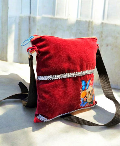 Burgundy Red Velvet Small Shoulder Bag With Pink Candy Skull Fully Lined Zip Up Holiday Funky