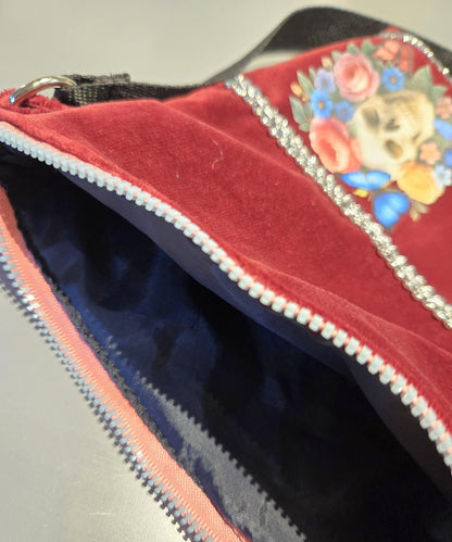 Burgundy Red Velvet Small Shoulder Bag With Pink Candy Skull Fully Lined Zip Up Holiday Funky