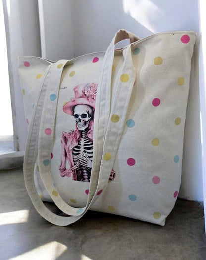Handmade Polka Dot Tote Bag – Skeleton Design, Large Shopper