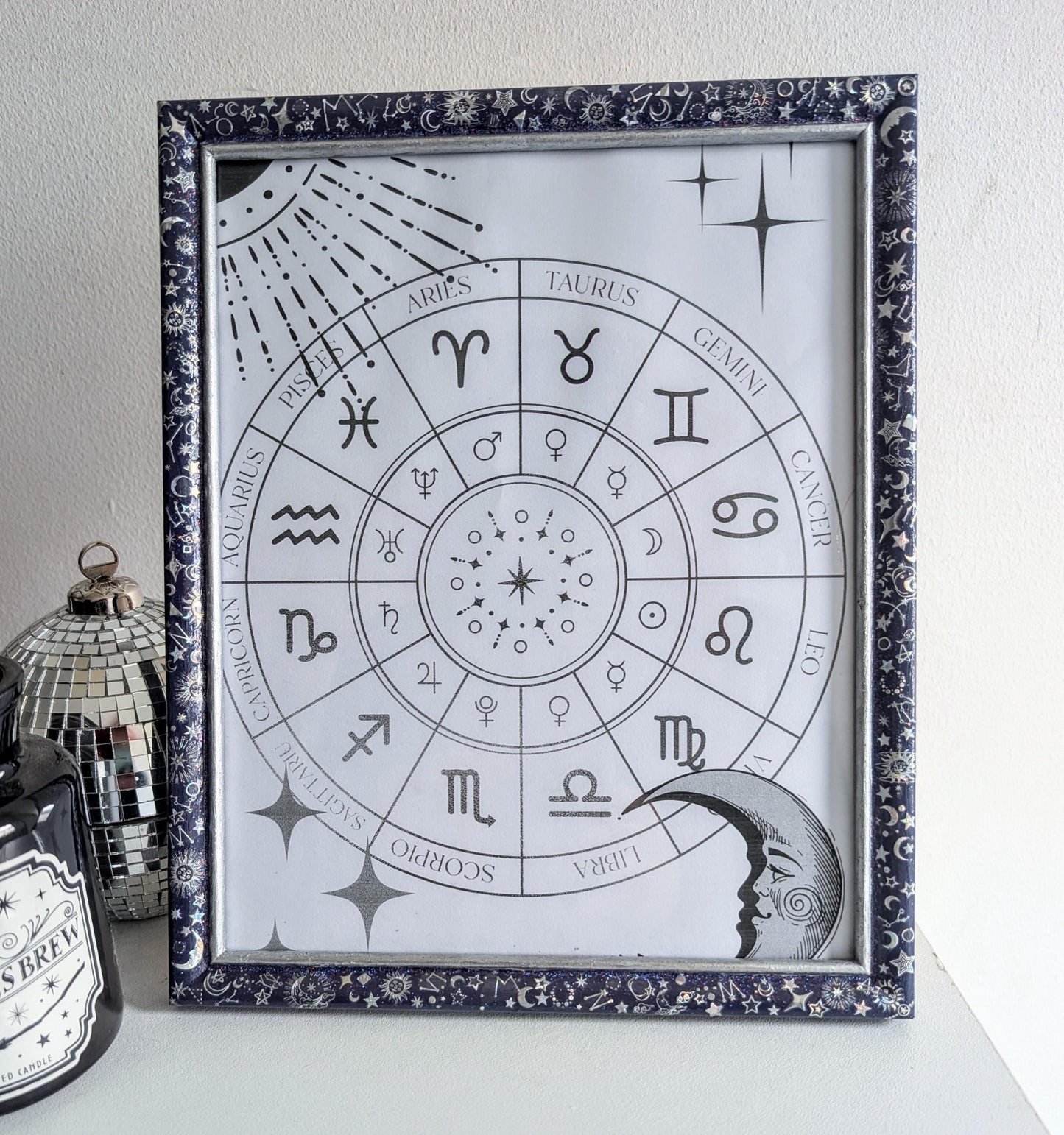 10 x 8" wall hung freestanding portrait picture photo frame. Deep purple celestial silver holographic stars moon unique home decor gift