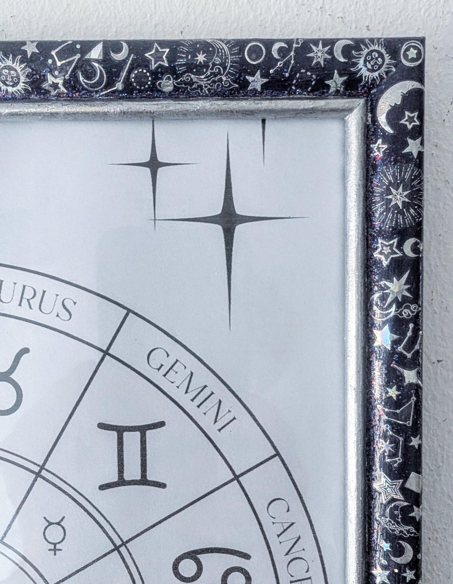 10 x 8" wall hung freestanding portrait picture photo frame. Deep purple celestial silver holographic stars moon unique home decor gift