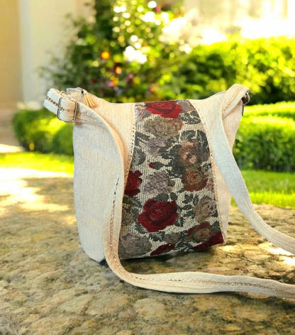 Cream Velvet Chenille Red Roses Brocade Shoulder Crossbody Bag Fully Lined With Zip