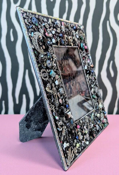 6 x 4" Black Glass freestanding photo picture frame. Hand embellished with iridescent gems and gothic charms home accent housewarming gift