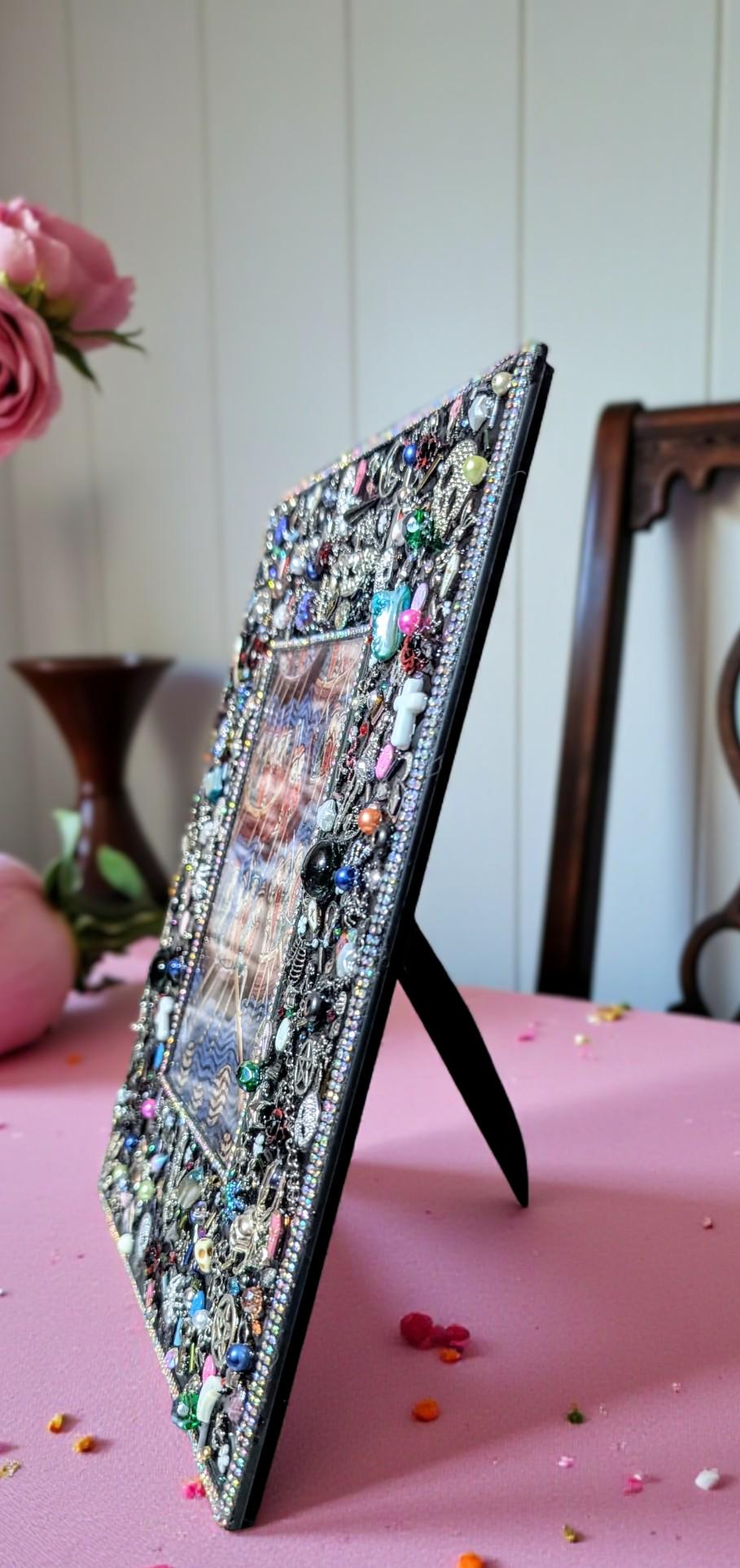 6 x 4" Black Glass freestanding photo picture frame. Hand embellished with iridescent gems and gothic charms home accent housewarming gift