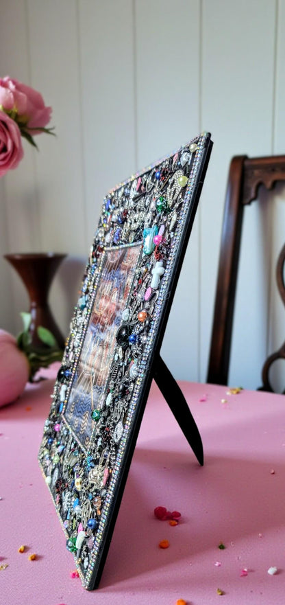 6 x 4" Black Glass freestanding photo picture frame. Hand embellished with iridescent gems and gothic charms home accent housewarming gift
