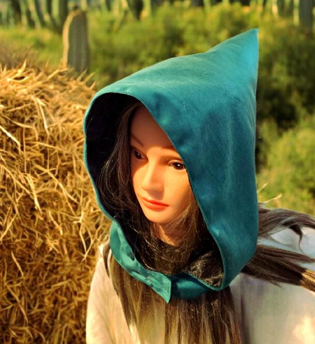 Green Velvet Hood Black Satin Lining Goth Larp ReEnactment Bonnet Whimsical Wizard Winter HT61