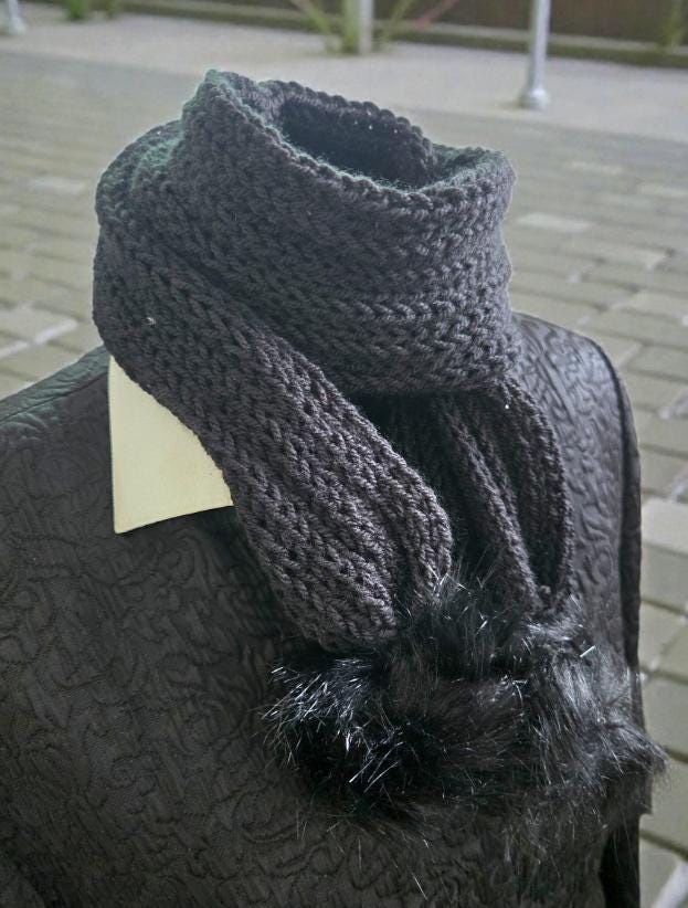 Handmade Black Knitted Scarf with PomPoms, Cosy Winter Style