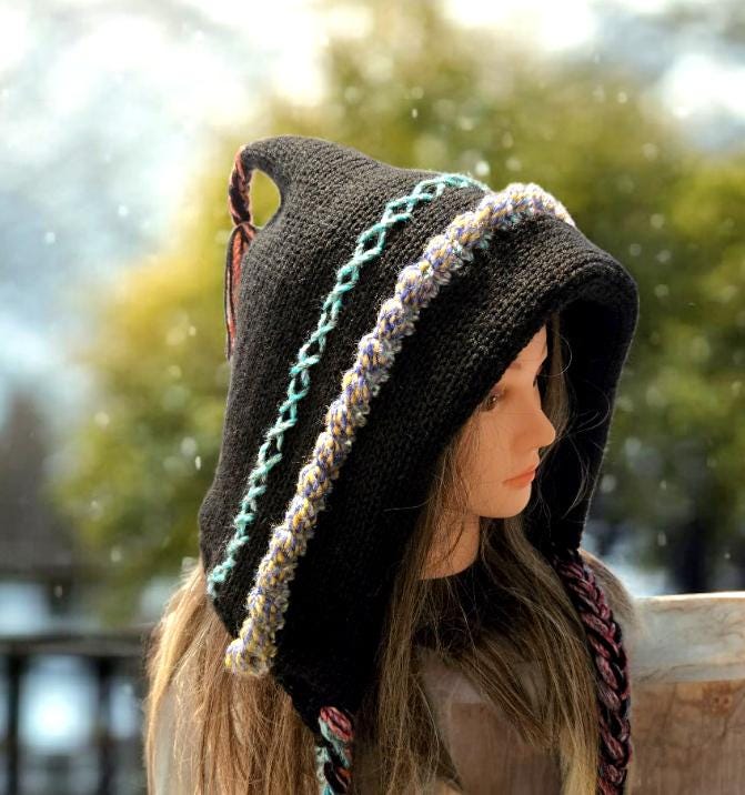 Handmade OOAK Chunky Hood Hat Pixie Black Pink Blue Tassels Winter Bonnet Elf HT62