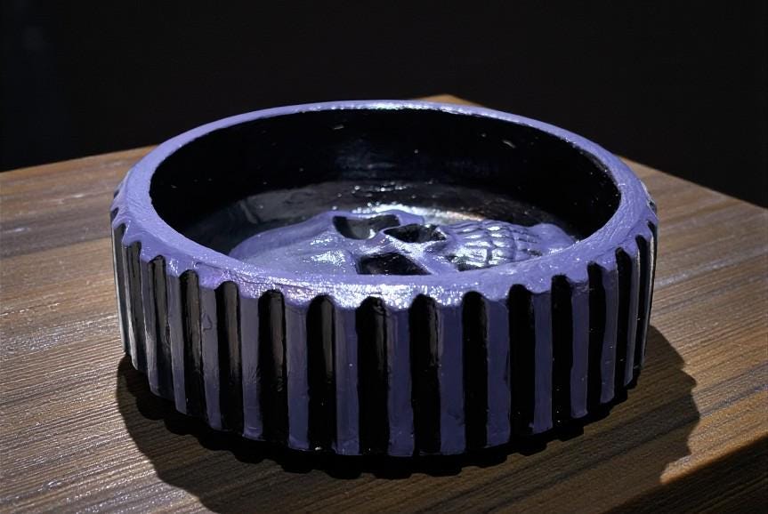Hand Cast Skull Trinket Dish - Black & Purple Gothic Decor