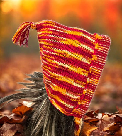 Orange Yellow Red Knitted Forest Bonnet Handmade Pixie Bow Tie Hat Woodland Adult Emo Goth Whimsy Elf Fairy Winter Gift HT70