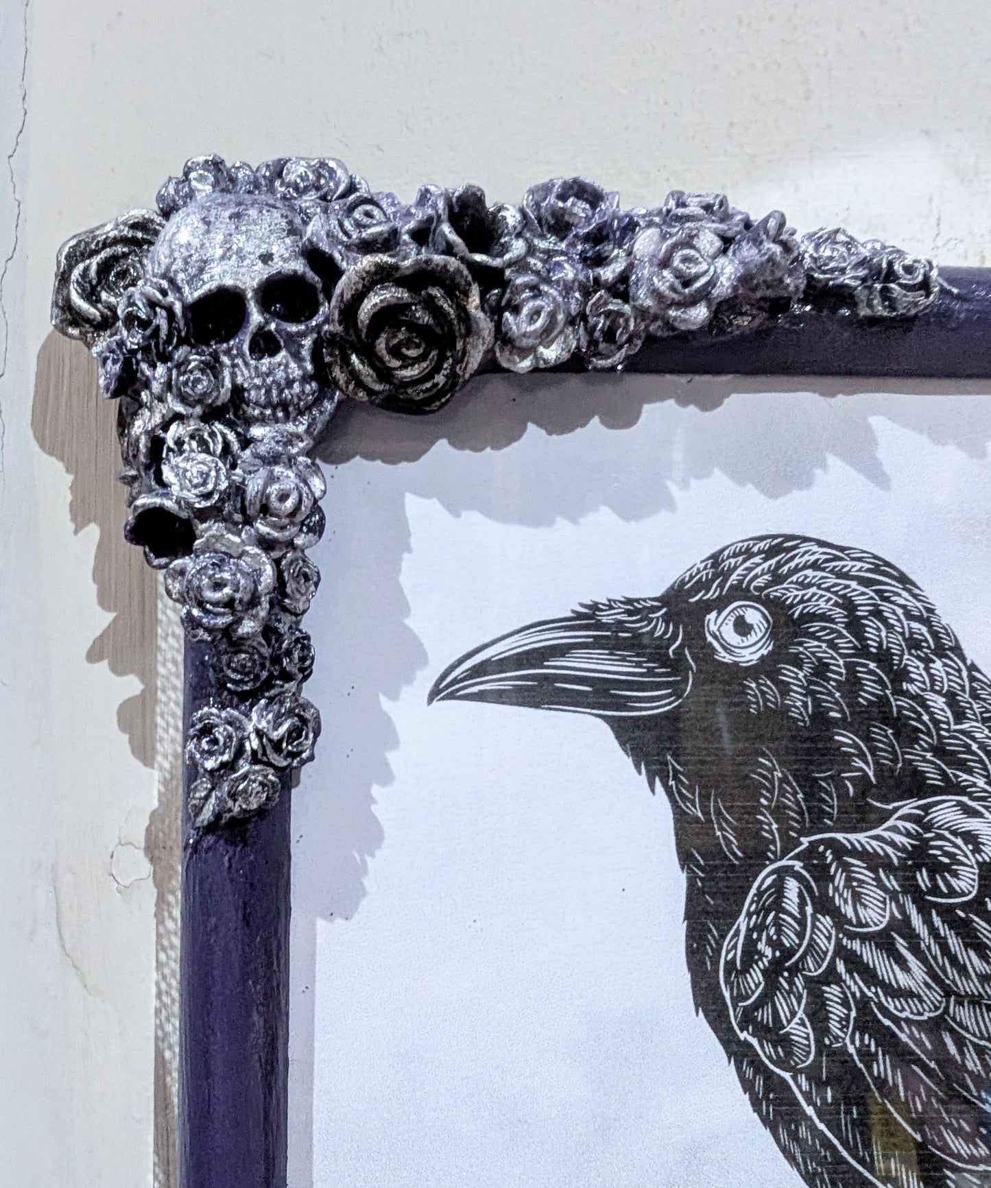 10 x 8" Purple + Silver portrait wall hanging photo picture frame. Unique Gothic skulls, roses + flowers home decor gift wedding present