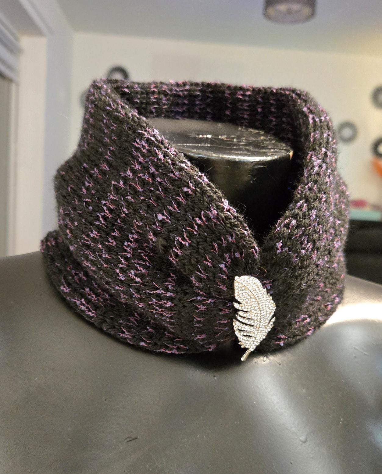 Handmade Knitted Snood: Black & Purple, Diamante Brooch