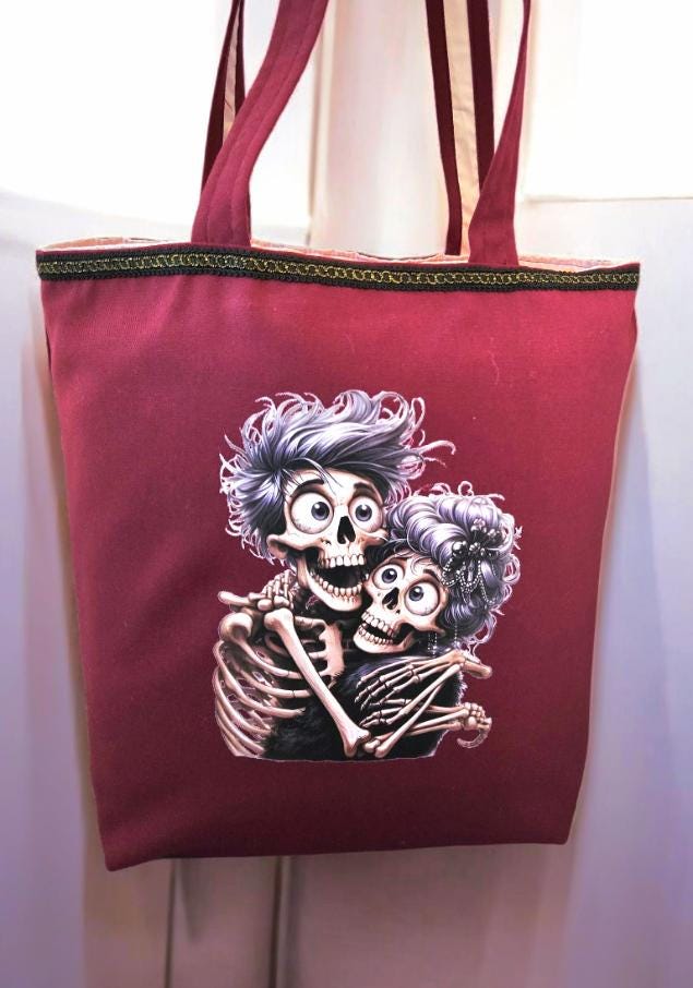 Handmade Burgundy Red Large Tote Bag With Skull Design - Fully Lined Shopper Shoulder BA3