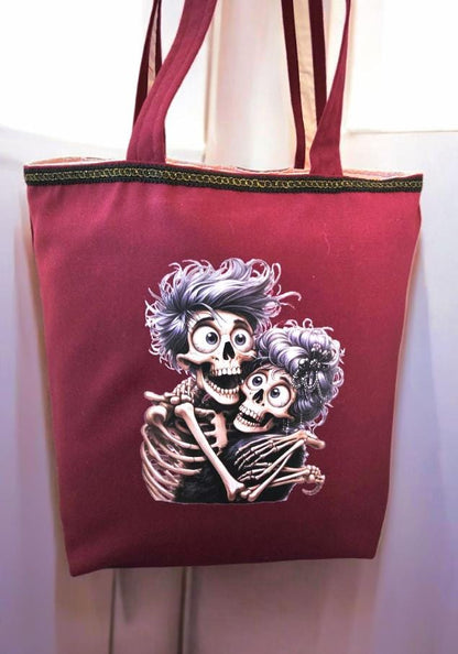 Handmade Burgundy Red Large Tote Bag With Skull Design - Fully Lined Shopper Shoulder BA3
