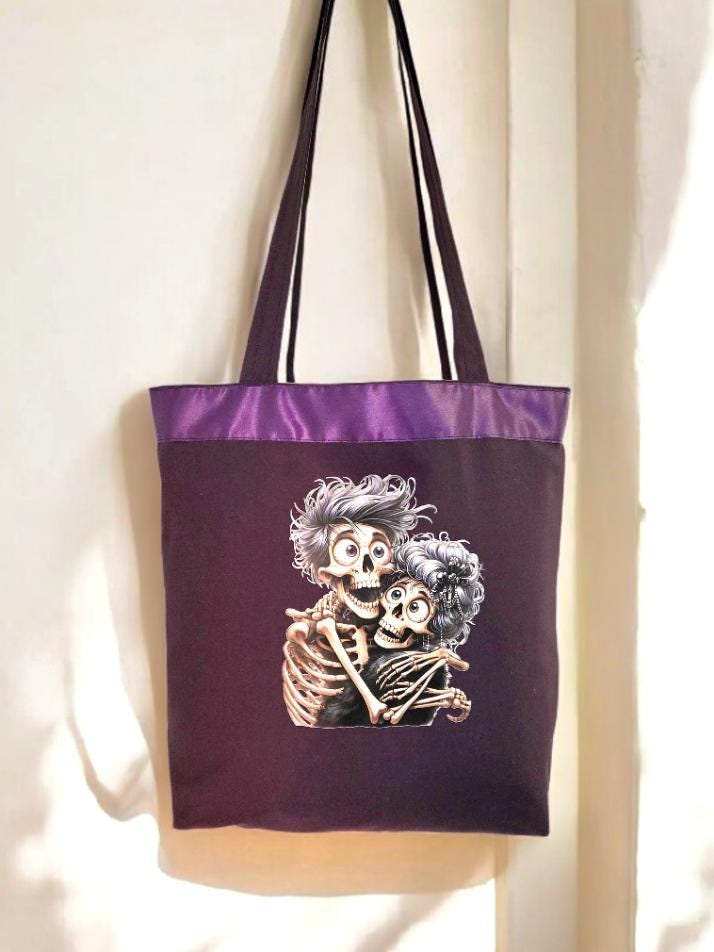 Handmade Purple Large Tote Bag With Skull Design - Fully Lined Shopper Shoulder