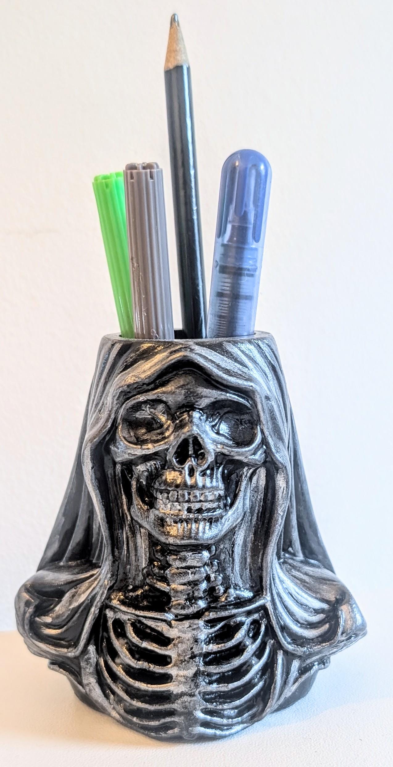 Handcast Grim Reaper Pen Holder: Gothic Skeleton Desk Organizer