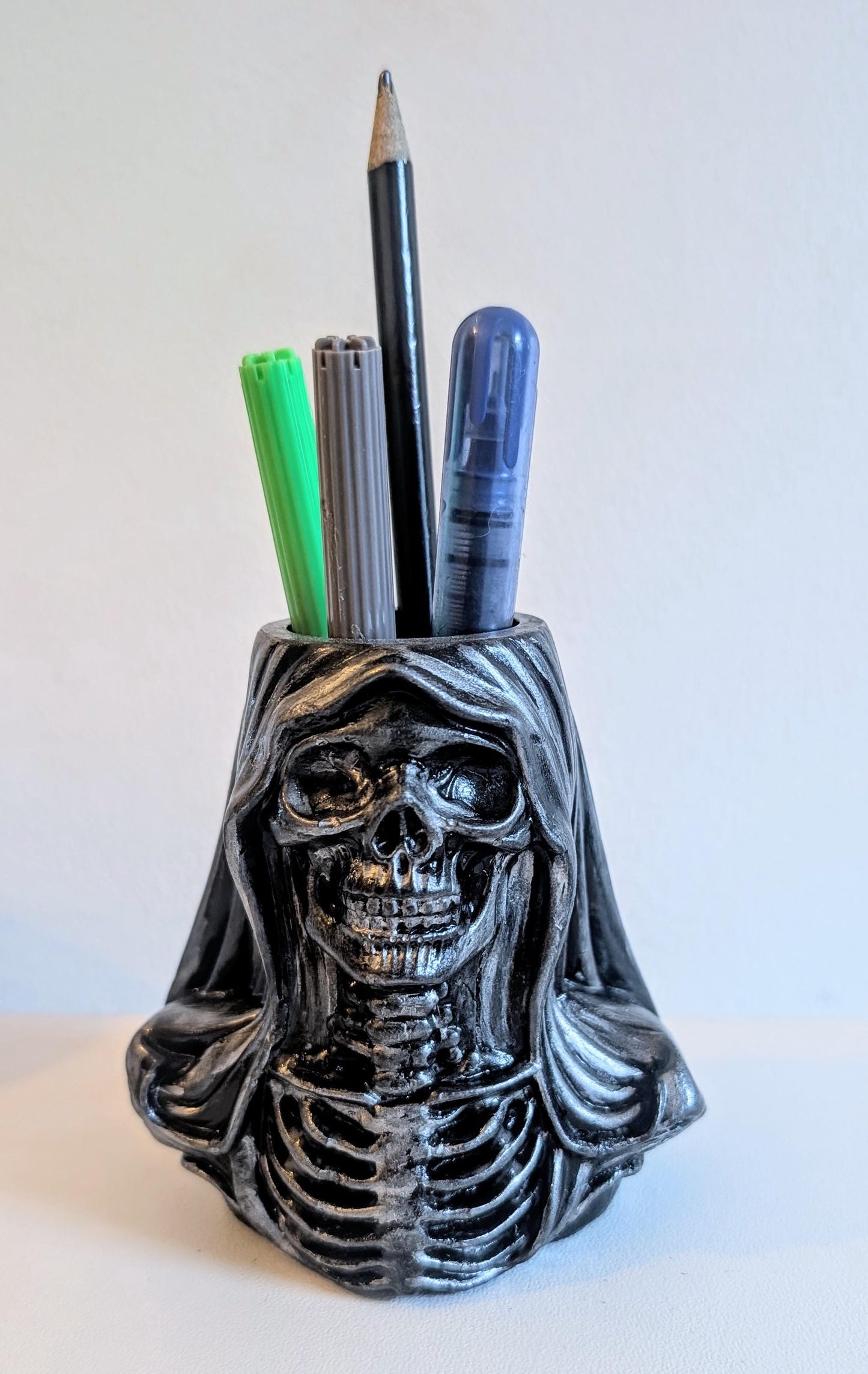 Handcast Grim Reaper Pen Holder: Gothic Skeleton Desk Organizer