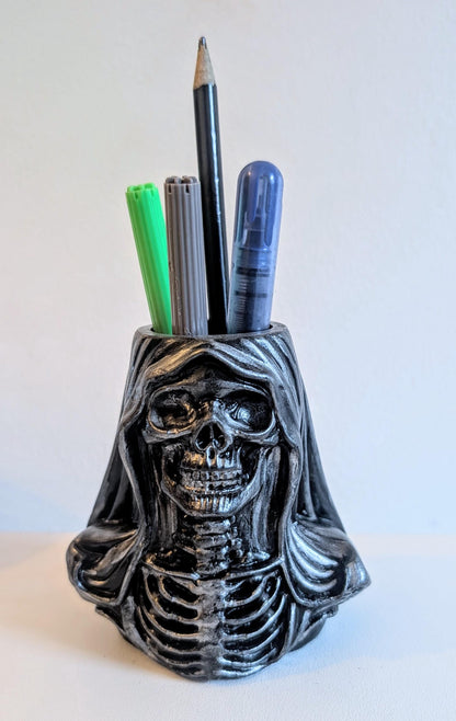 Handcast Grim Reaper Pen Holder: Gothic Skeleton Desk Organizer