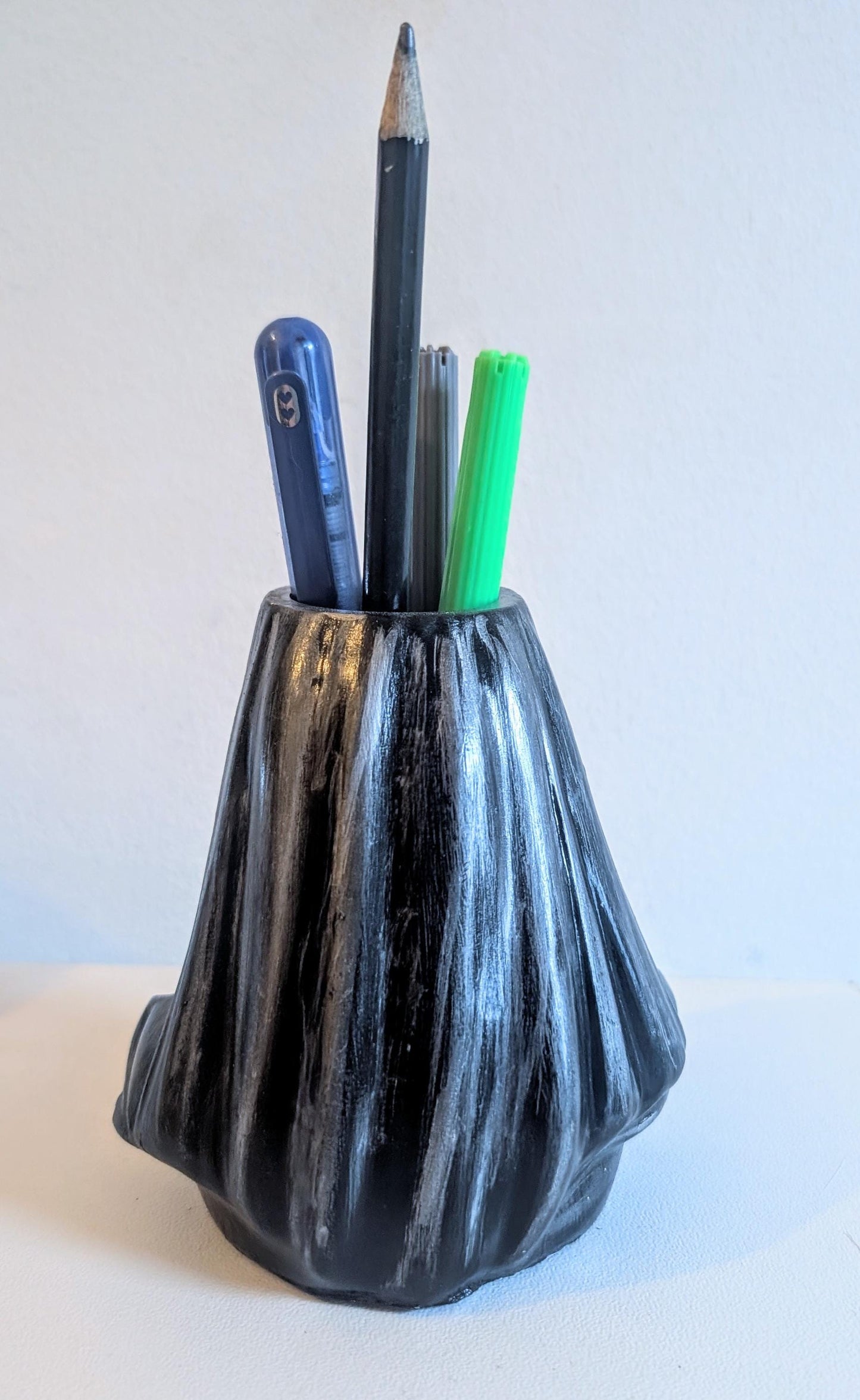Handcast Grim Reaper Pen Holder: Gothic Skeleton Desk Organizer