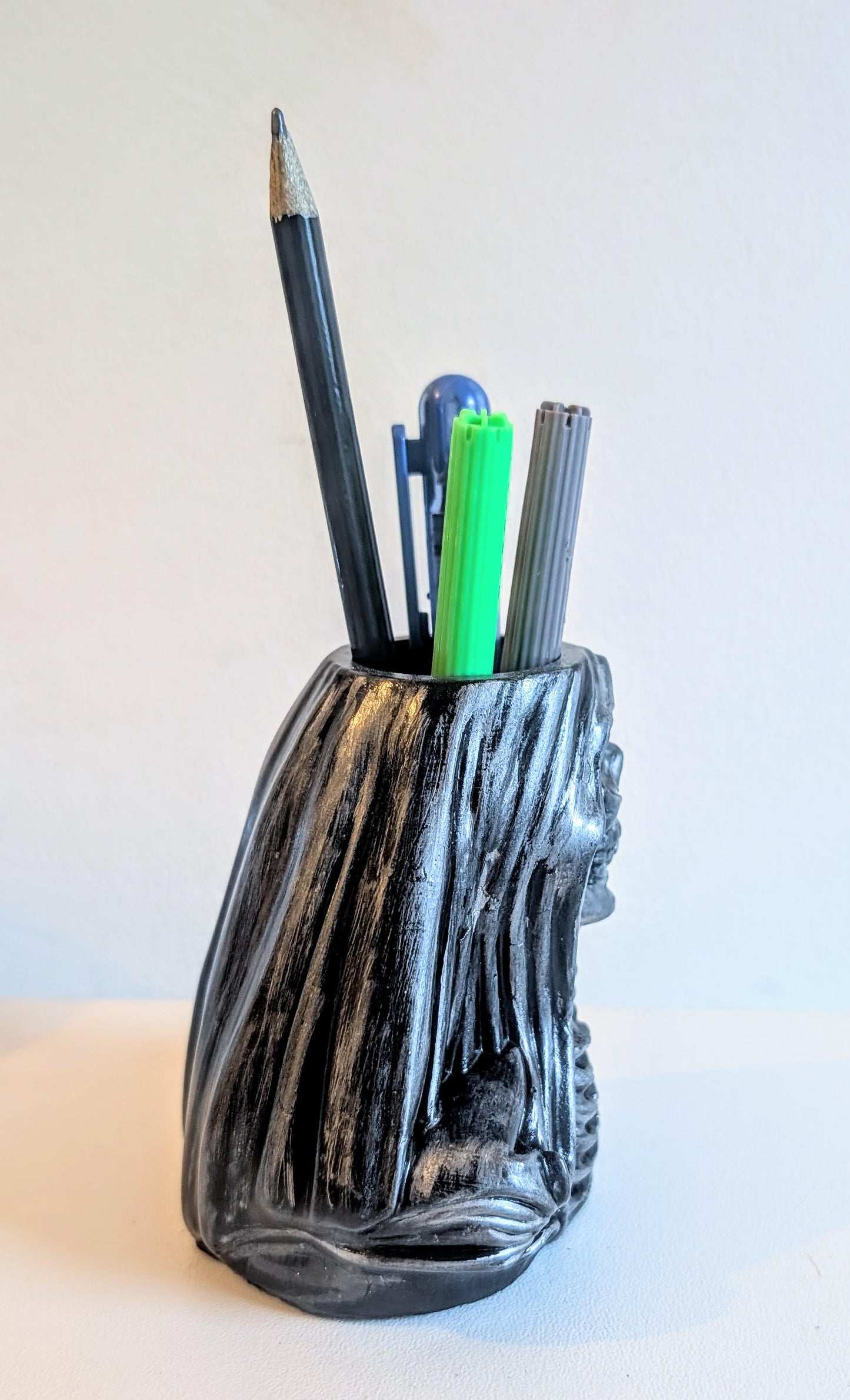 Handcast Grim Reaper Pen Holder: Gothic Skeleton Desk Organizer
