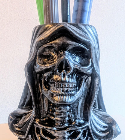 Handcast Grim Reaper Pen Holder: Gothic Skeleton Desk Organizer