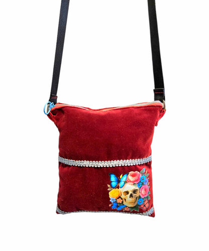 Burgundy Red Velvet Small Shoulder Bag With Pink Candy Skull Fully Lined Zip Up Holiday Funky