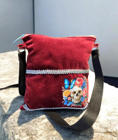 Burgundy Red Velvet Small Shoulder Bag With Pink Candy Skull Fully Lined Zip Up Holiday Funky