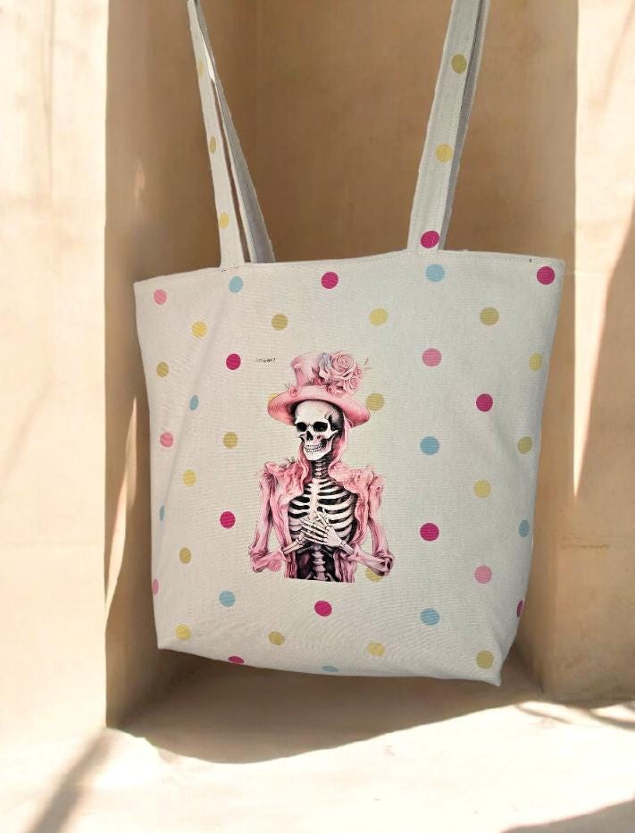 Handmade Polka Dot Tote Bag – Skeleton Design, Large Shopper