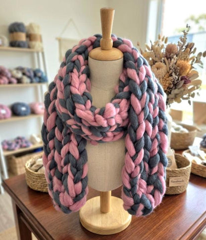 Super Chunky Scarf Mammoth Wool Charcoal Grey & Pink Cosy Cowl Free Size NK9