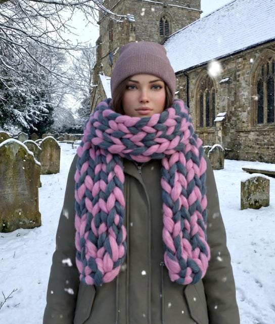 Super Chunky Scarf Mammoth Wool Charcoal Grey & Pink Cosy Cowl Free Size NK9
