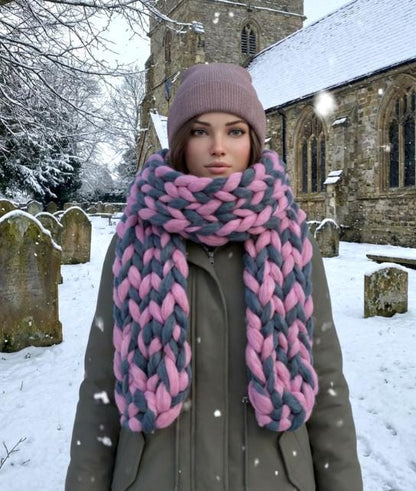 Super Chunky Scarf Mammoth Wool Charcoal Grey & Pink Cosy Cowl Free Size NK9