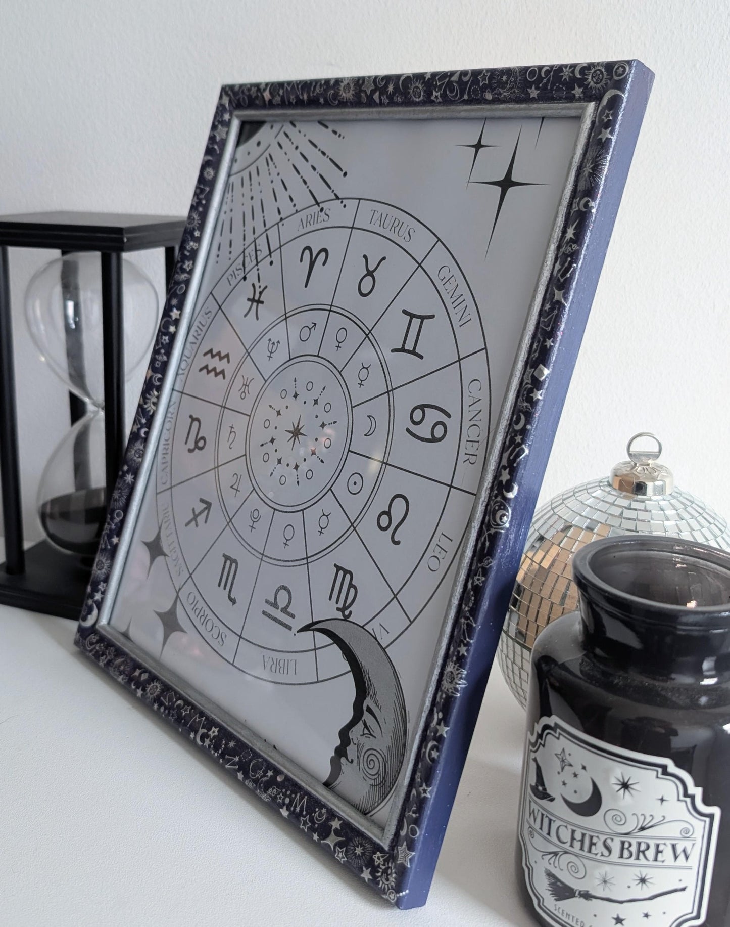 10 x 8" wall hung freestanding portrait picture photo frame. Deep purple celestial silver holographic stars moon unique home decor gift