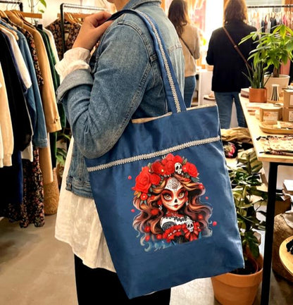 Handmade Blue Large Tote Bag With Skull Design - Fully Lined Shopper Shoulder BA7