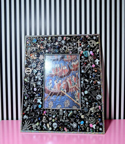 6 x 4" Black Glass freestanding photo picture frame. Hand embellished with iridescent gems and gothic charms home accent housewarming gift