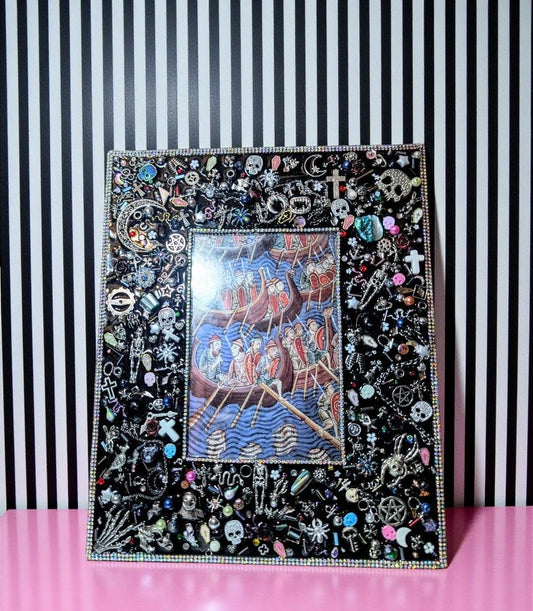 6 x 4" Black Glass freestanding photo picture frame. Hand embellished with iridescent gems and gothic charms home accent housewarming gift