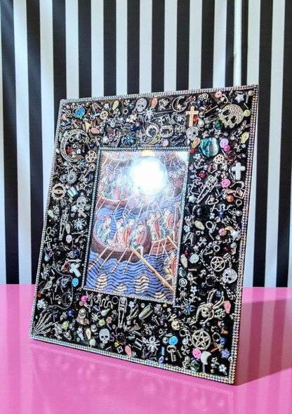 6 x 4" Black Glass freestanding photo picture frame. Hand embellished with iridescent gems and gothic charms home accent housewarming gift
