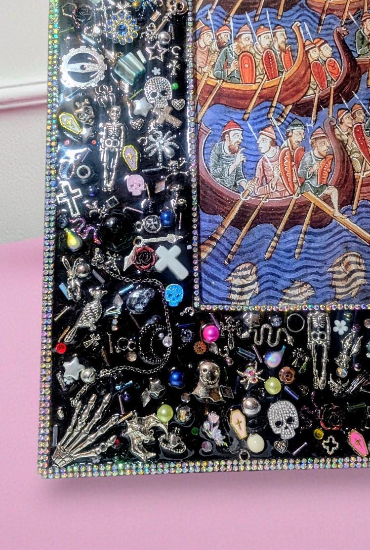 6 x 4" Black Glass freestanding photo picture frame. Hand embellished with iridescent gems and gothic charms home accent housewarming gift
