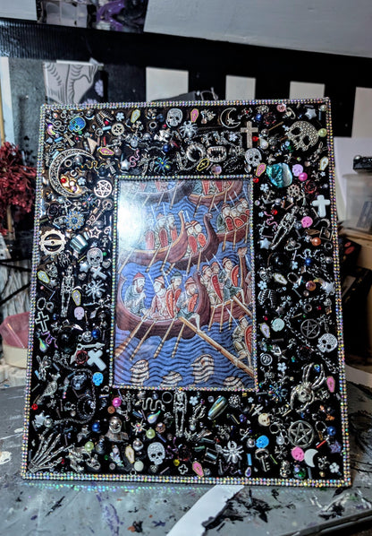 6 x 4" Black Glass freestanding photo picture frame. Hand embellished with iridescent gems and gothic charms home accent housewarming gift