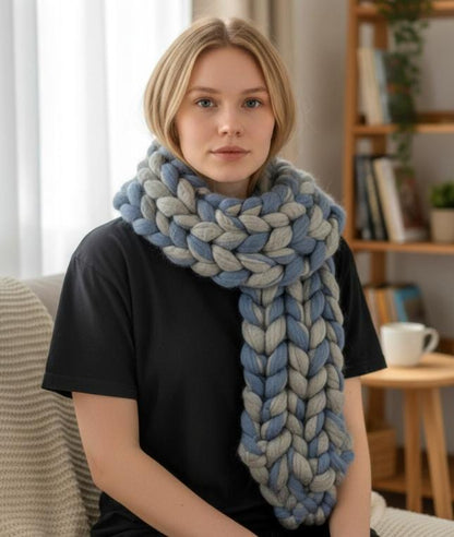 Super Chunky Scarf Mammoth Wool Grey & Blue Cosy Cowl Free Size NK10