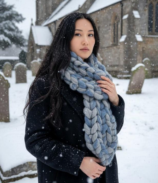 Super Chunky Scarf Mammoth Wool Grey & Blue Cosy Cowl Free Size NK10